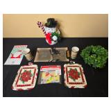 Holiday Decor Collection Featuring Snowman Figure, Poinsettia Pot Holders, and More