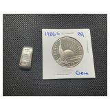 1986S Proof Statue of Liberty Half Dollar & 10 Gram .999 Silver Bar, Pulled from Set