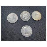 Four Half Dollars, 1943 VF/XF Walker, 1989S Gem Proof from Set, 1965 MS+++ Uncirculated & 2019 Uncirculated from Fed Roll