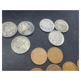 Thirty-Four US Nickels and Pennies, 7 Older Nickels & 26 Wheat Cents