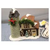 Christmas Valley Collectibles Lot: 2 Lighted Porcelain Buildings, Figurines, and Snowy Trees