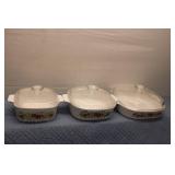 Set of 3 Vintage Corning Ware Casserole Dishes with Lids - Floral Design