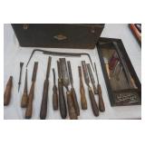 vintage tool box and variety of vintage wood carving knives