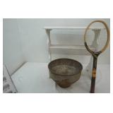 Vintage milk strainer, table and tennis racquet, vintage decor