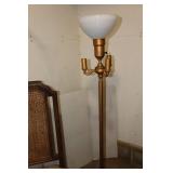 Antique Floor Lamp, Tall Caned-Back Upholstered Chair