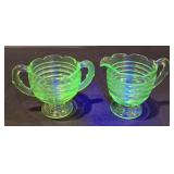 Vintage Green Uranium Glass Creamer & Sugar Bowl- Beehive Pattern