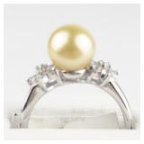 Brand New! 9MM Cultured Sunset Golden South Sea Pearl & White Topaz Sterling Silver Ring ***Estimated Replacement Value $400***. Size 9 - 9.25.