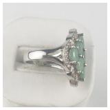 Emerald & CZ Cluster Sterling Silver Statement Ring . Size 6.75 - 7.