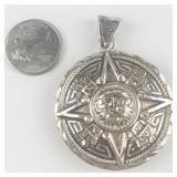 Mexico (Unknown) Reversible Large Mayan Sun & Sombrero sterling silver pendant (no chain).