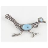 Unmarked (Navajo) Turquoise Roadrunner Sterling Silver Brooch .