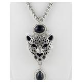 Chucky Rhinestone Leopard/Tiger Head Silver Tone Base Metal Pendant Necklace .