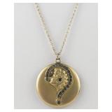 Standard Button Company Vintage Art Nouveau Girl Gold Plated Locket Necklace.