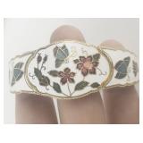 Red, Green, & White Cloisonne Floral Butterfly Gold Tone Base Metal Hinged Bangle.