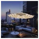 Angel Sar 10 ft. Solar LED Offset Hanging Market Patio Umbrella in Khaki