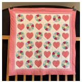 Quilted Wall Art…Vintage Square Quilt ‘Tic-Tac-Toe’ Hearts & O’s Finished Quilt in Various Colors Including Deep Pink, Teal & White.Tones and Patterns…