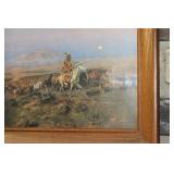 Framed Vintage Western Landscape Painting Featuring Cowboy and Cattle