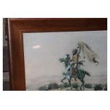 Framed Vintage Artwork of Native American Mounted Figure with Flag (Signed 1901)