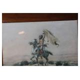 Framed Vintage Artwork of Native American Mounted Figure with Flag (Signed 1901)