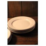 Set of 8 White Dinner Plates, 4 Bowls, and 4 Mugs with Black Trim