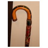 Decoratively Handcrafted Wooden Walking Cane with Colorful Art