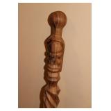 Hand-Carved Wooden Walking Stick with Unique Spiral Design and Carved Face