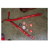 Vintage Red Sash with Assorted Pins and Buttons Collection