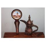 Vintage Wood and Metal Thermometer with Brass Coffee Pot