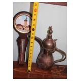 Vintage Wood and Metal Thermometer with Brass Coffee Pot