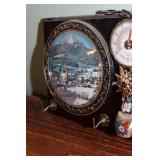 Vintage Solid Wood Weather Station with Scenic Porcelain Plates