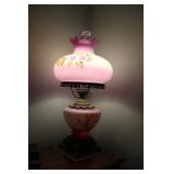 Antique Pink Glass Oil Lamp with Decorative Floral Design