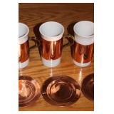 Set of 4 Copper and White Ceramic Coffee Mugs with Matching Copper Saucers