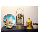 Collection of Vintage Glassware and Antiques including Lantern, Jars, and Plates