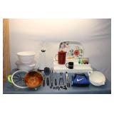 Mixed Kitchenware Collection Including Bowls, Kitchen Tools, and Vikings Mug