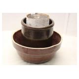 Vintage Ceramic Mixing Bowl with Brown Glaze and Inner Jar