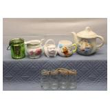 Collection of Vintage Teapot, Pig Mug, Creamer, and Green Candle Holder