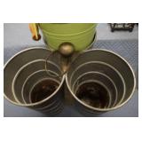 Assorted Decorative Metal Buckets and Vintage Wooden Shoe Lasts Collection