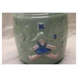 Vintage Green Glazed Pottery Cookie Jar with Clown Design