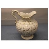 Vintage White Porcelain Pitcher with Floral Design and Gold Accents