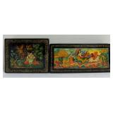 Two Vintage Russian Black Lacquer Hand Painted Wood Boxes