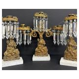 Three Piece Vintage Marble and Bronze / Girandole Set Crystal Prisms Candleholders