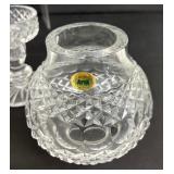 Lovely Crystal Footed Bowl by Tyron Crystal from Ireland and Two Hurricane Candleholders