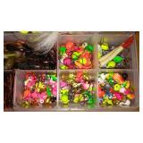 Assorted Fishing Lures and Jigs Collection in Tackle Box