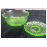 Hazel Atlas Green Cloverleaf Uranium Depression Glass Bowl and Federal Green Glass Plate