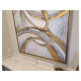 Modern Acrylic Painting: Gold Swirl Strokes Pearl White Background. 51" x 41".