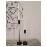 A 3-Pc ensemble: Dorrin Wall Decor, Crate & Barrel Candlesticks. Metal Vase w/metal glass branch leaves.