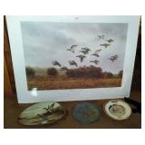 Collection of 3 Decorative Duck Art Plates and a Signed Print by R.J. Nelson