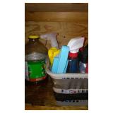 Assorted Household Cleaning Supplies and area Rugs.