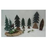 Tree Decor: lot of cute pine tree decor and birch canoe and wooden canoe