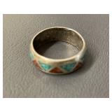 Vintage Native American Ring Turquoise Coral Chip Inlay Silver Size 6.75