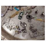 Jewelry Lot with Ornate Pierced Tray - Some pieces are Sterling Silver